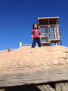 Jack at the top of a hill with a multistory treehouse in the background
